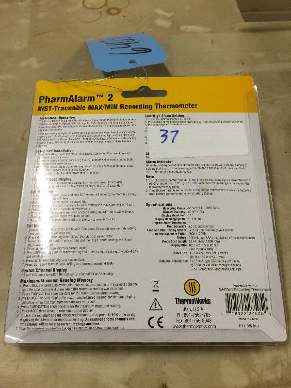 lot 37 image: New In Package - PharmAlarm 2 Digital Alarm Thermometer w Cal Certificate - Protect your valuable refrigerated and frozen products