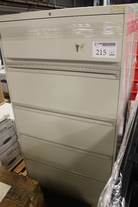 lot 215 image: Lockable 5-Drawer Metal Lateral File Cabinet w Keys