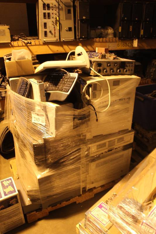 lot 243 image: Pallet Lot of Computer Equipment Including Monitors, Keyboards, Printers, And More