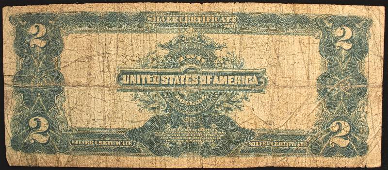 1899 $2 BLUE SEAL LARGE SIZE SILVER CERTIFICATE VG DETAILS