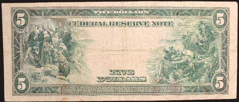 1913 $5 LARGE SIZE BLUE SEAL FEDERAL RESERVE NOTE ST LOUIS FINE