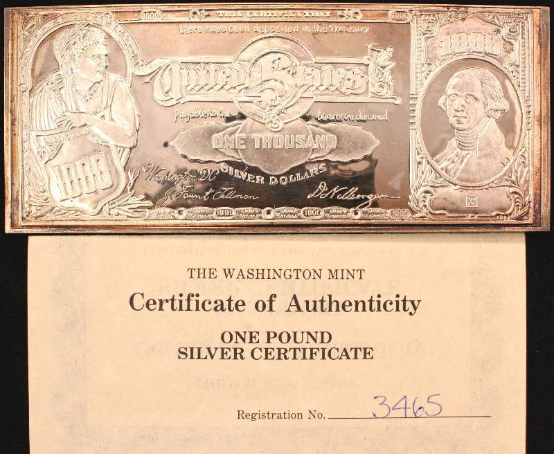 16 TROY OZ. .999 FINE SILVER ART BAR CURRENCY DESIGN IN BOX WITH COA