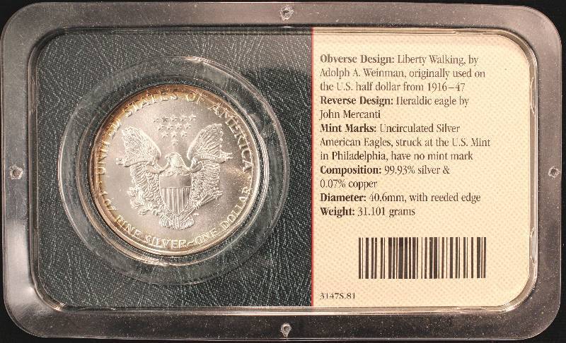 1988 AMERICAN SILVER EAGLE 1 TROY Oz. .999 FINE SILVER DOLLAR IN LITTLETON HOLDER