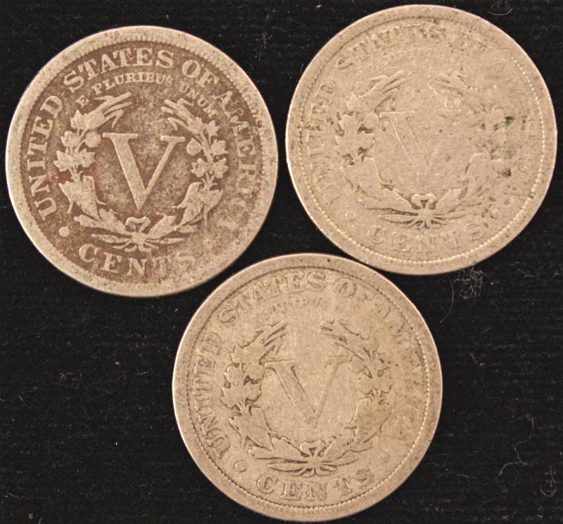 GROUP OF 3 LIBERTY V NICKELS 1905, 1906 & 1907