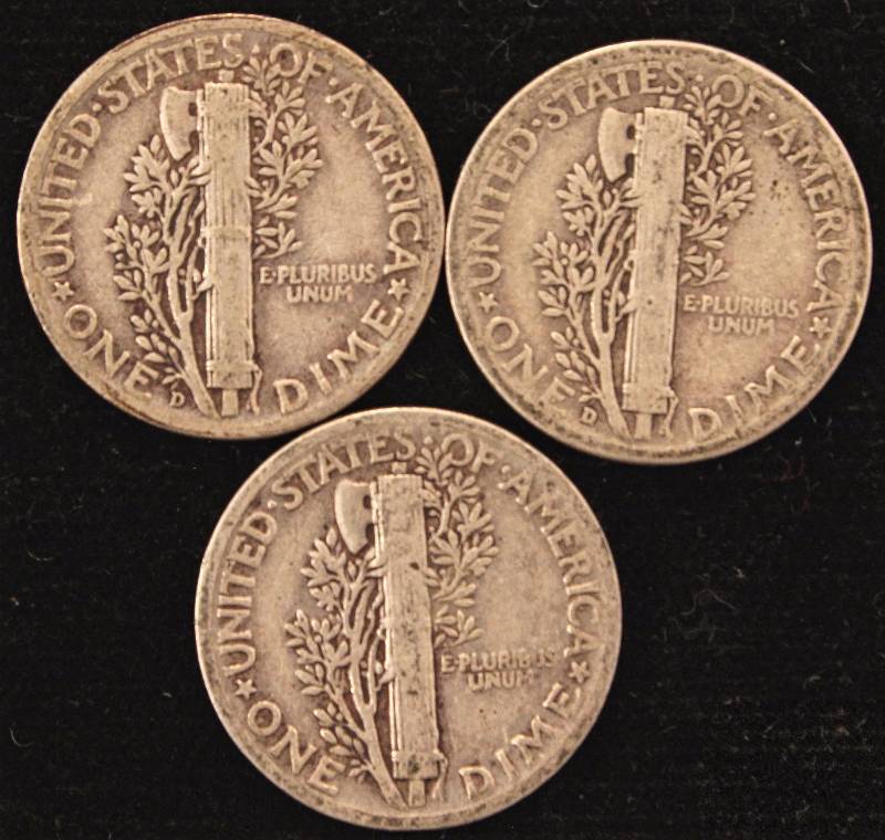GROUP OF 3 MERCURY SILVER DIMES 1936, 1941D & 1943D