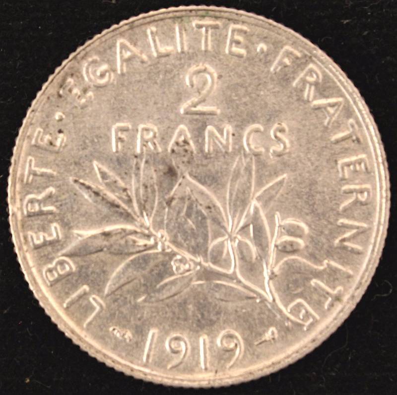 1919 FRANCE SILVER 2 FRANCS (83.5% SILVER - 10 GRAMS)