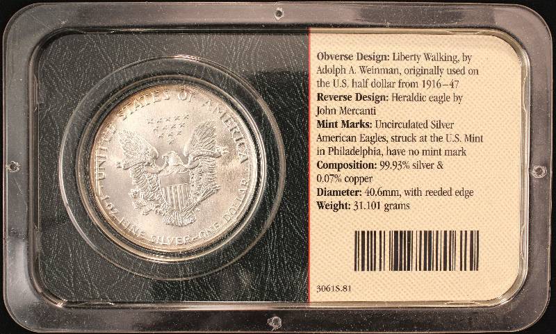 1987 AMERICAN SILVER EAGLE 1 TROY Oz. .999 FINE SILVER DOLLAR IN LITTLETON HOLDER