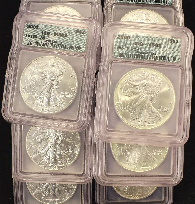 GROUP OF 10 - AMERICAN SILVER EAGLES 1 TROY OZ. .999 FINE SILVER MS69 ICG