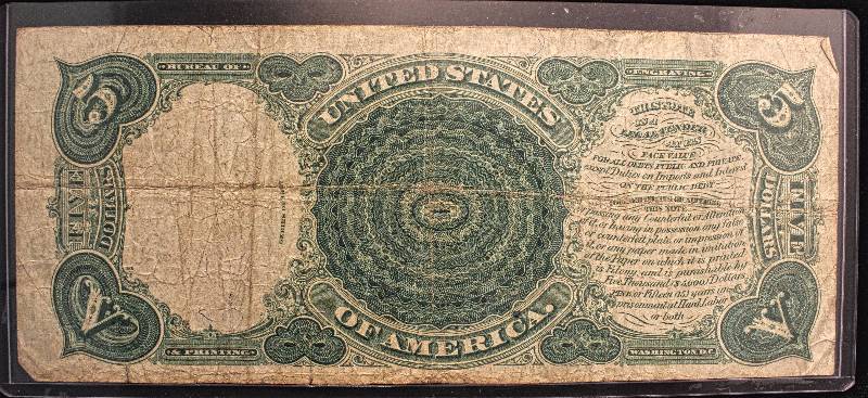 1907 LARGE SIZE RED SEAL $5 WOODCHOPPER NOTE FINE