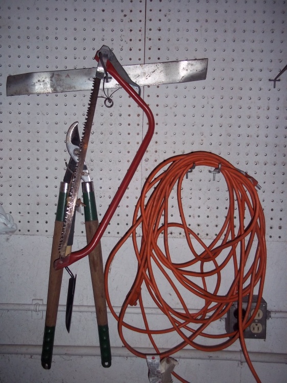 lot 28 image: Extension Cord, Pruner, Lawn Mower blade, Bow saw