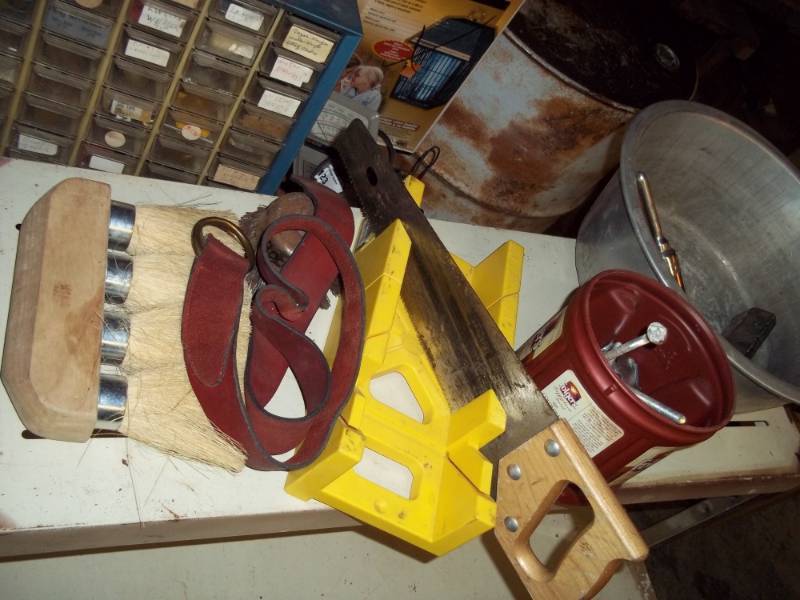 lot 129 image: Metal Pan, Miter box with saw, misc bolts, etc