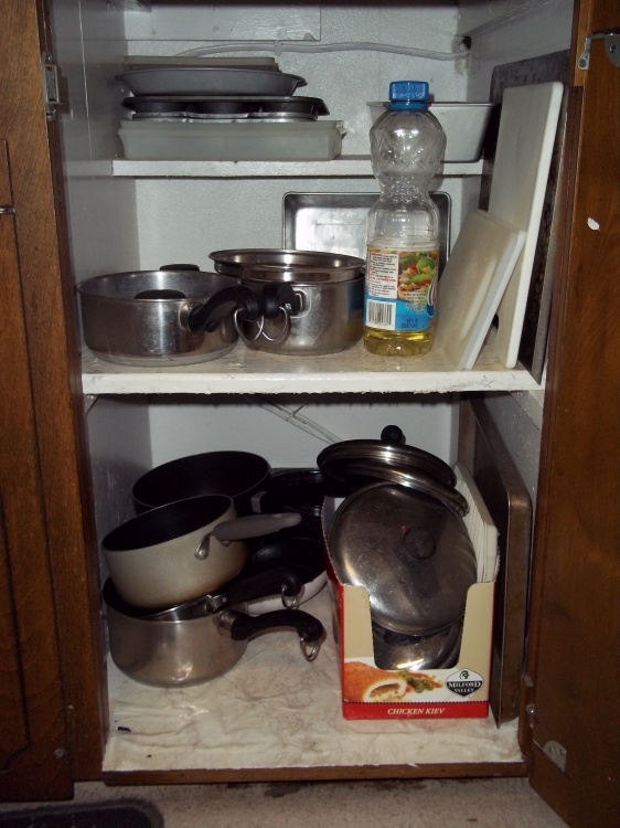 lot 346 image: Cabinet of pots and pan, cutting boards, baking pans, etc