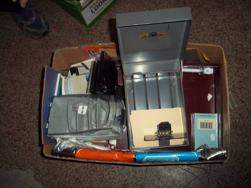 lot 450 image: Large box of misc office supply includes vintage adding machine