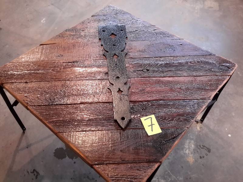 lot 7 image: Wood and Steel Frame Farm Table..  40 in x 40 in x 24in