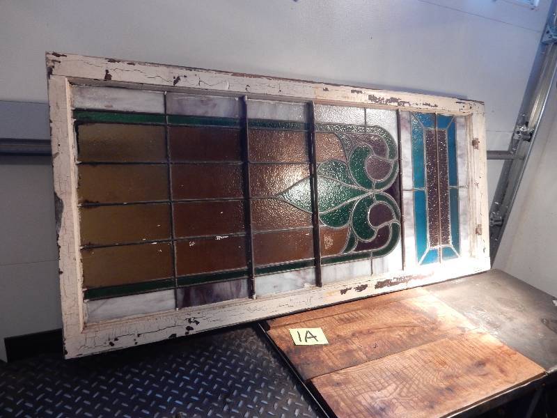 lot 1A image: Large Stained Glass Vintage Window and smaller vintage window with glass handle