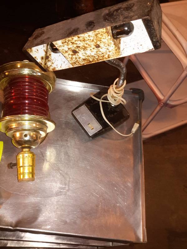lot 102 image: 2 sconce light fixtures, Old Vintage desk lamp (untested)Simulated red Railroad fixture.