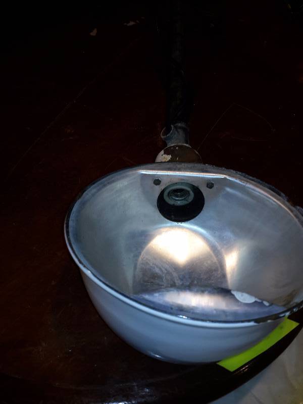 lot 105 image: Vintage Enamel light fixture, shade.  Wired and ready to use