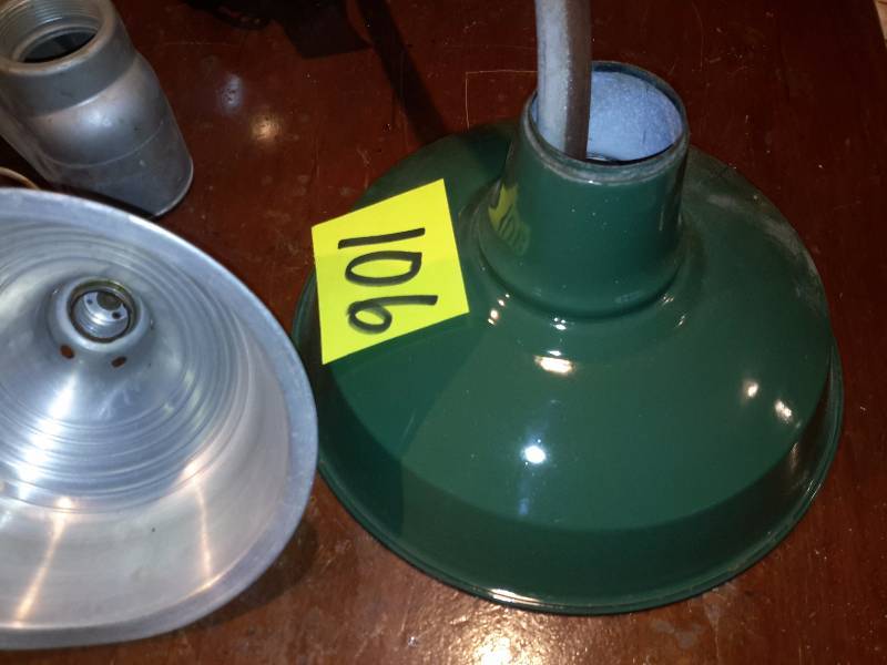 lot 106 image: Green Vintage Enamelmetal light shade.. 2 Aluminum heat lamps, 1 large electric electric elbow.