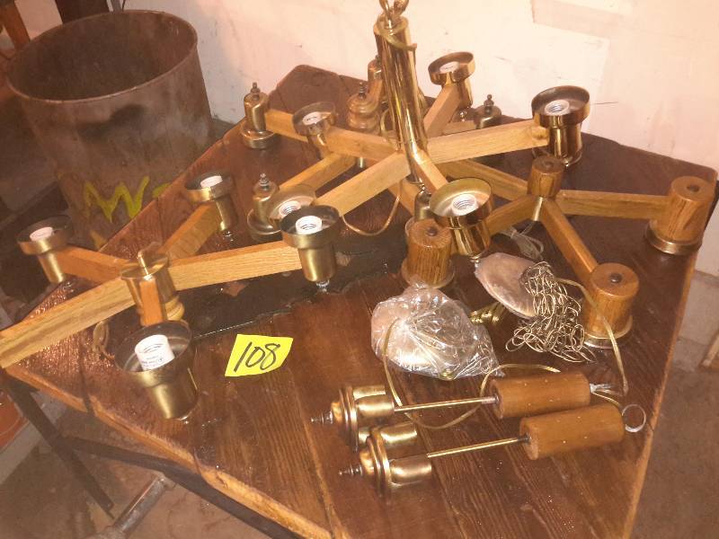 lot 108 image: 6, Wood Mid Century style hanging Chandeliers.. Untested.. No shades