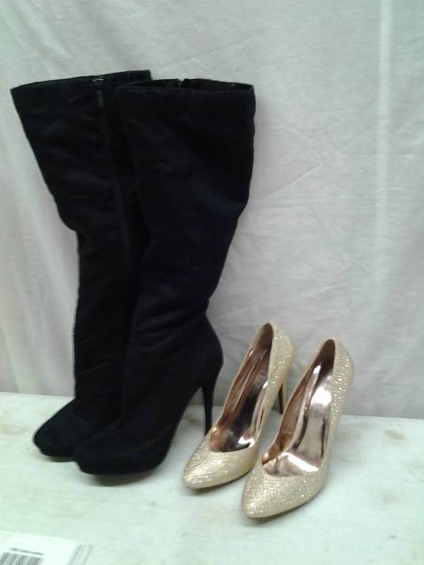 2-Pair High Heels  Gold Sparkly Shoes (Size 9), Black Boots (Size 8-12)