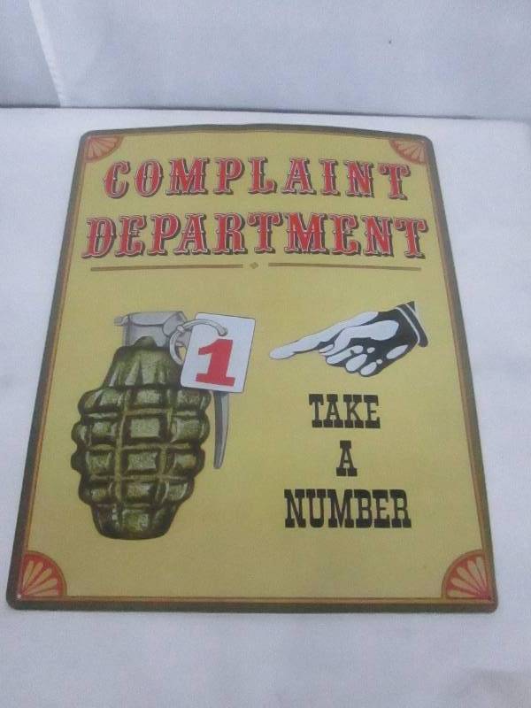 lot 76 image: Crystal Art Complaint Department Sign Wall Art