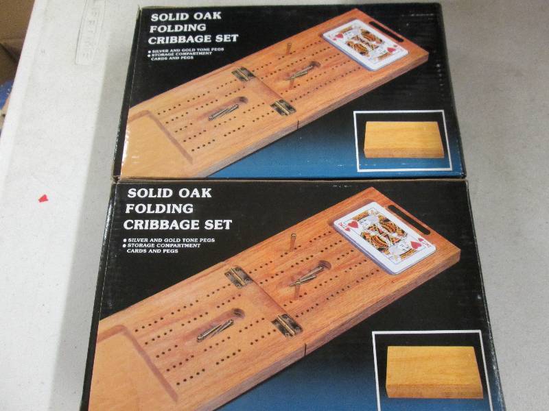 lot 259 image: 2 solid oak folding cribbage sets w...