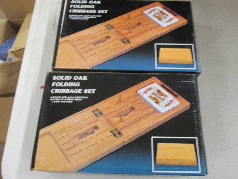 lot 260 image: 2 solid oak folding cribbage sets w...