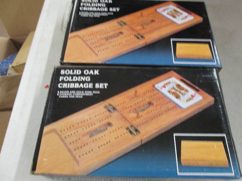 lot 263 image: 2 solid oak folding cribbage sets w...