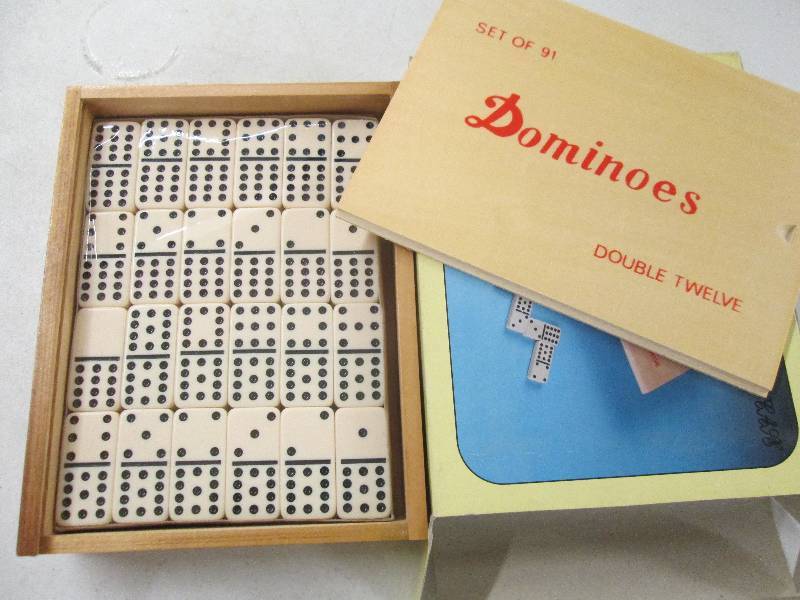 lot 335 image: dominos set in wooden storage box. ...