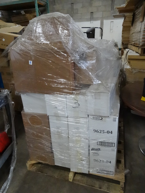 lot 1 image: Pallet of Cleaning chemicals and janitorial supplies.