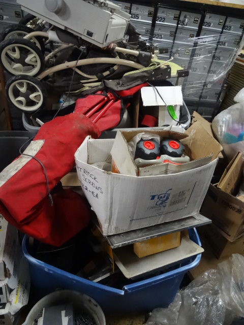 lot 6 image: Pallet lot of screws, baby stroller, tile saw and more