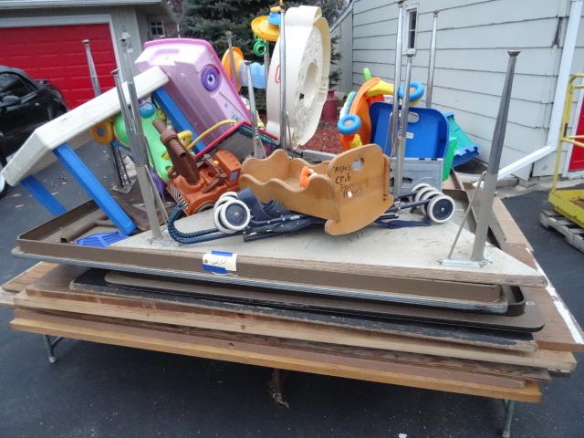 Folding tables. Plywood. Doors. Kids toys