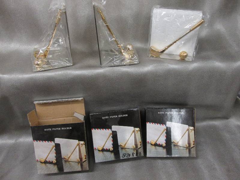 lot 100 image: Brass Golf Themed Bookends & 3 Note...