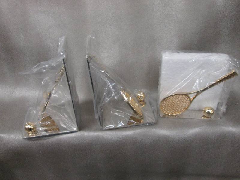 lot 101 image: Brass Tennis Themed Bookends &  Not...