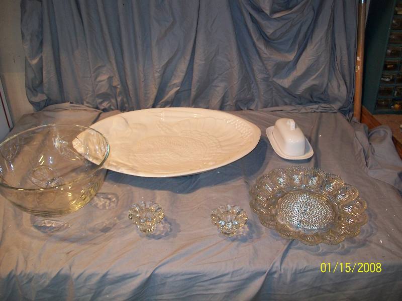 lot 7 image: 7 Piece Holiday Set (Turkey Platter, Butter Set, Glass Leaf Bowl, Deviled Egg Tray, Candle Holders)
