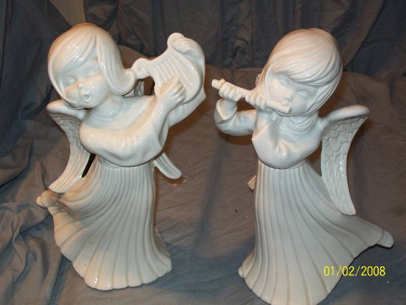 lot 34 image: 2 Young Girl Angels White Figurine Statues signed by Joan 79  12 tall