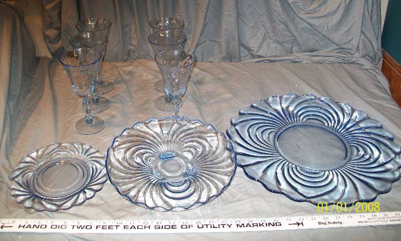 lot 46 image: 9 Piece Vintage Exquisite LightLite Wavy Blue Glass Goblets & Platters.
