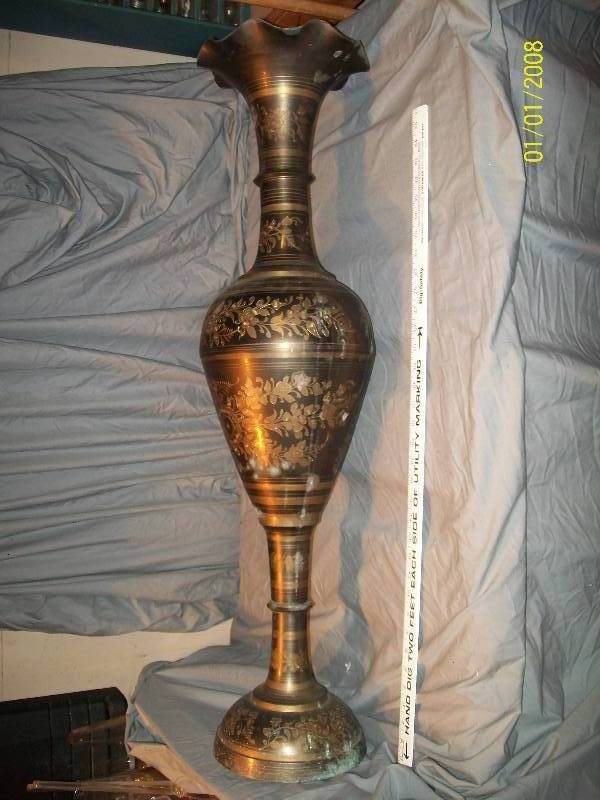 lot 50 image: 40 Tall Brass Floor Vase with Fluted 10 Rim. Vintage VaseUrn with Exquisite Ornate Floral Etching.