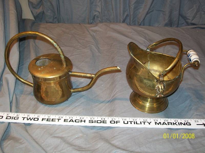 lot 52 image: 2 Piece Brass Lot. Includes 4 Vintage Brass Watering PotPitcher & 5 Brass Coal Scuttle