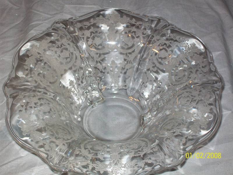lot 54 image: 3 Piece Heisey Floral Etched Lead Glass Double Candle Sticks & 3 legged Bowl