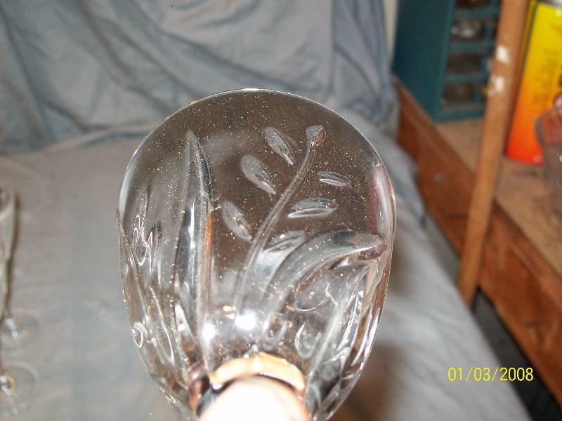 lot 60 image: 17 pc- Cassandra by Cristal DArques-Durand. Cut Plant Design On Bowl, Smooth Stem, Sunburst Base