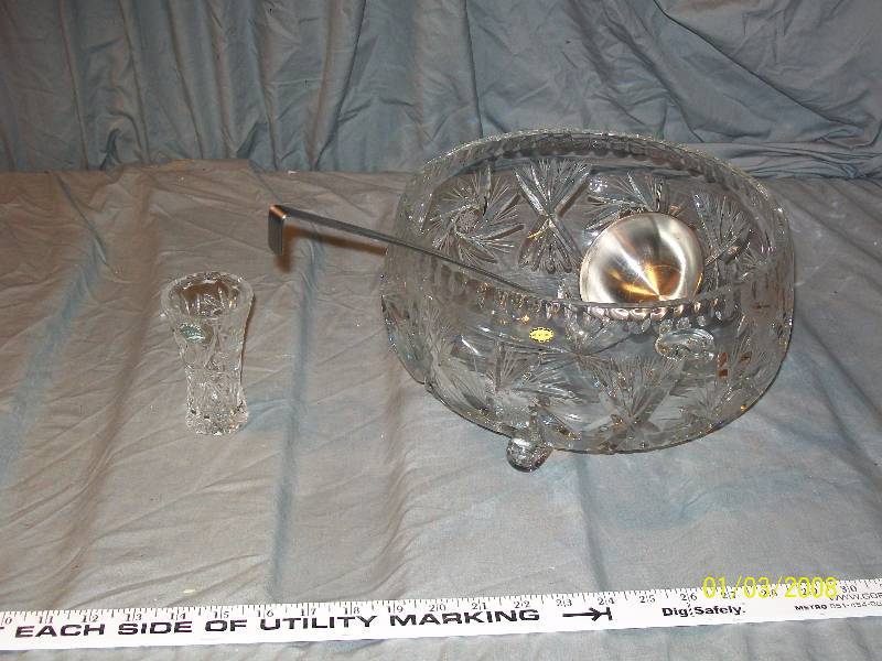lot 65 image: 3 Pieces. Poland Crystal Footed Bowl, Metal Ladle, & Lenox Small Crystal Czech Republic Vase.