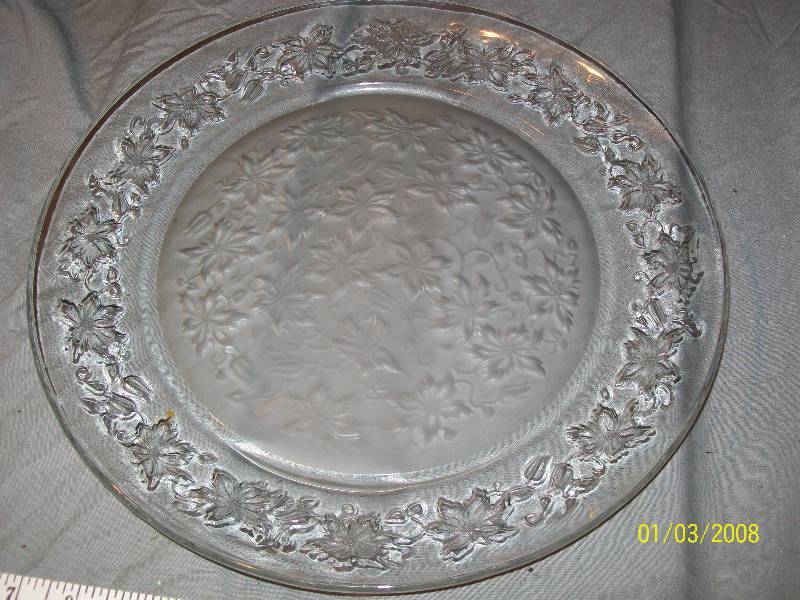 lot 71 image: 1- 13 Platter Embossed Leaf Design Frosted Glass bottom & 3- 5-14 bowls, Unknown Maker.