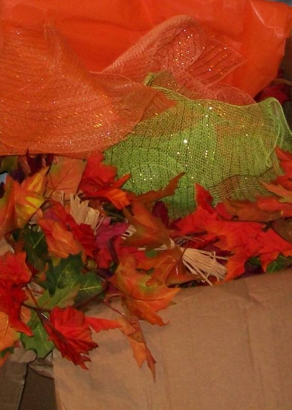 lot 82 image: 2 Boxes Full of FallAutumn Craft Items. Includes Plastic Table Cloths, Leaf Garlands, So Much More