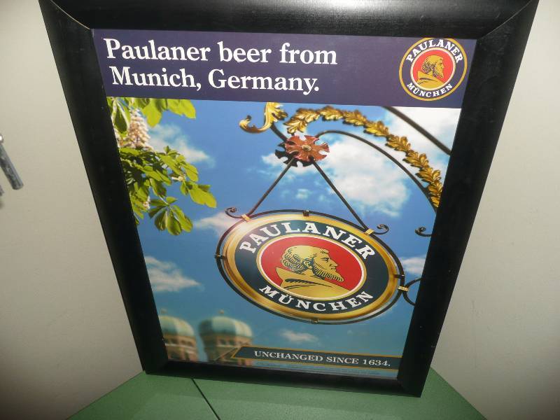 PAULANER MUNCHEN BEER  MUNICH, GERMANY FRAMED SIGN - APPROX 21IN WIDE - 28IN HIGH