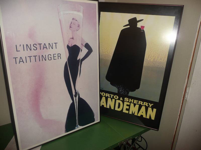 2 VINTAGE PIECES -  Porto and Sherry Sandeman By Georges Massiot Print. Framed 24IN WIDE BY 36IN HIGH - VERY GOOD CONDITION - Champaign Elegance Linstant Taittinger Framed Vintage Advertisement