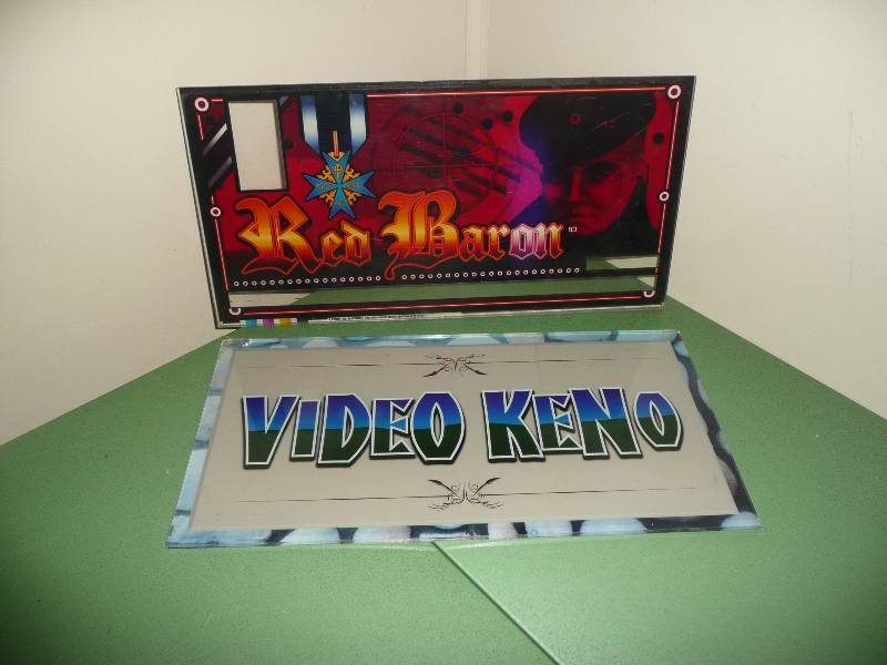 RED BARON & KENO SLOT MACHINE BACK GLASS - COULD EASILY BE MADE INTO A LIGHTS