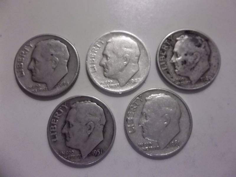 1946, 1948S, 1949D, 1951D, 1961D Roosevelt Dimes