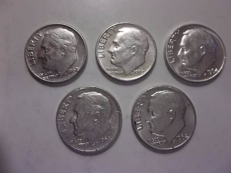 1962D, 1963, 1964, 1964, 1964D Roosevelt Dimes BU