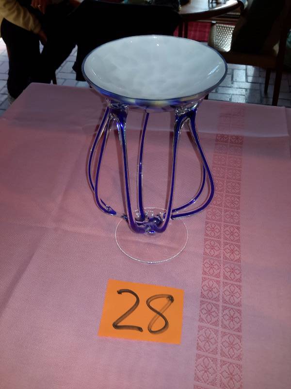 lot 28 image: Blown Glass Multi color Tall Serving plate.  Blown Glass legs and Base